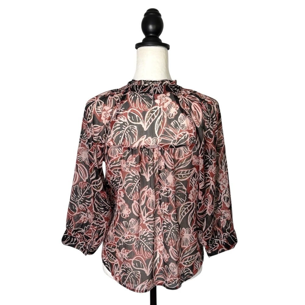 EVEREVE Floral Chiffon Ruffle Neck Blouse Size S Sheer 3/4 Sleeve Button Down - Picture 5 of 11